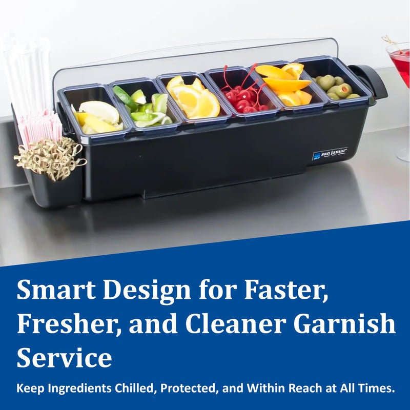 San Jamar Dome Garnish Center 5 Tray with Caddies for Kitchen, Bar, And Restaurants, Plastic, 9 Pints, Black - Image 5